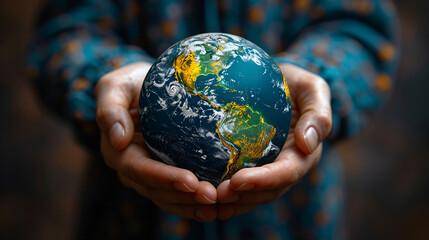 child hand holding eath blur background,earth Day or enviroment protection help save the world