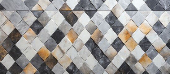 Detailed view of a textured wall covered with a striking mix of orange and gray tiles in a...