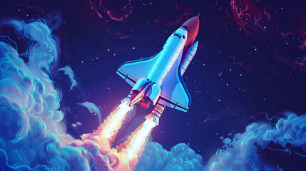 a space shuttle, radiant and powerful, propels through a digital blue universe, its ascent amidst swirling smoke symbolizing the bold venture of start-ups and their quest for success.