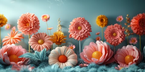 Whimsical 3D render of a fantastical, oversized craft supply display with blooming, flower-like yarn skeins and playful, petal-shaped knitting needles
