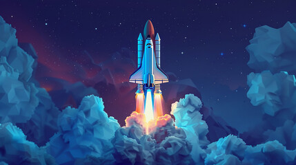 a space shuttle, radiant and powerful, propels through a digital blue universe, its ascent amidst swirling smoke symbolizing the bold venture of start-ups and their quest for success.