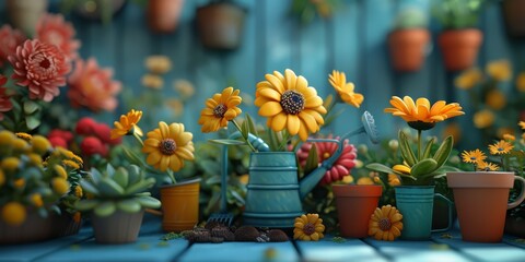 Whimsical 3D render of a fantastical, oversized craft supply display with blooming, flower-like yarn skeins and playful, petal-shaped knitting needles - obrazy, fototapety, plakaty