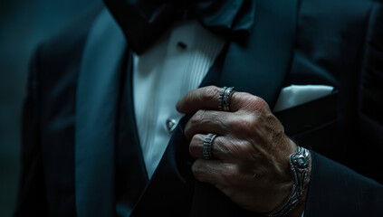 A close-up shot of the man's hand with silver rings