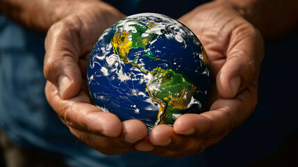 Human hand holding earth globe, energy, leaves and clouds. World environment day concept, Save the...