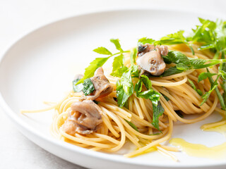 Whelk oil pasta on a plate