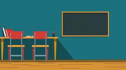 A room set up for Teachers Day with a table, chairs, and a chalkboard for teaching and celebrating educators. Copy space. Flat style illustration.