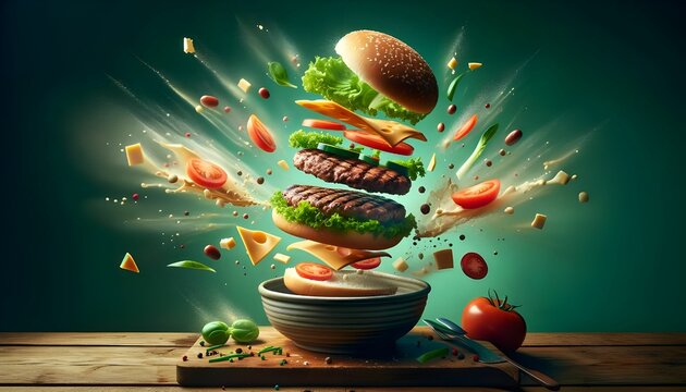 Exploding Burger Ingredients Dynamic Food Art generative AI