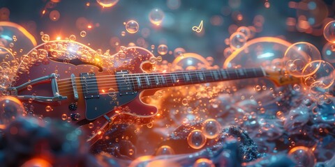 Surreal 3D render of a floating, bubble-like musical instrument display with dreamy, iridescent guitars and tiny, suspended musical notes
