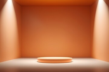 Minimalist Empty Studio Room With Spotlights On Podium With Orange Wall Color, Room For Advertisement, Promotional Space,  Ad Space