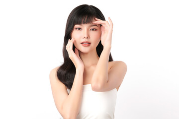 Fototapeta premium Beautiful young asian woman with clean fresh skin on white background, Face care, Facial treatment, Cosmetology, beauty and spa, Asian women portrait.