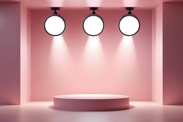 Minimalist Empty Studio Room With Spotlights On Podium With Pink Wall Color, Room For Advertisement, Promotional Space,  Ad Space