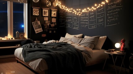 bedroom string lights chalkboard - obrazy, fototapety, plakaty