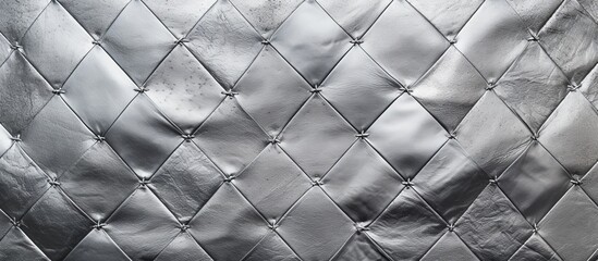 Close-up view of a shiny silver quilted fabric with textured stitching and metal rivets for a stylish and modern look