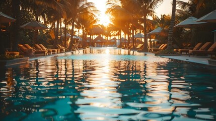 Luxurious Resort Pool at Sunset with Loungers and Palm Trees Reflecting in the Tranquil Waters