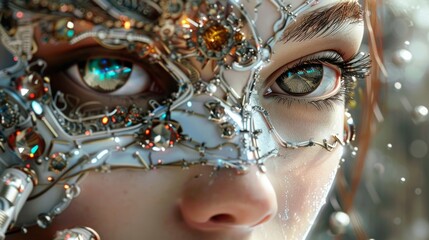 Enter a realm of cybernetic enchantment where the boundaries between man and machine melt away. Adorned with intricate metallic patterns . .