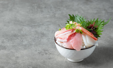 Yellowtail, tuna, shrimp sashimi rice bowl