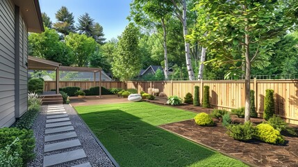 A Freshly Transformed Outdoor Space, Featuring Full Fencing, a Welcoming Back Porch Amidst Steps and Mulch - obrazy, fototapety, plakaty
