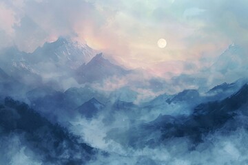 a mountain range with fog and the moon