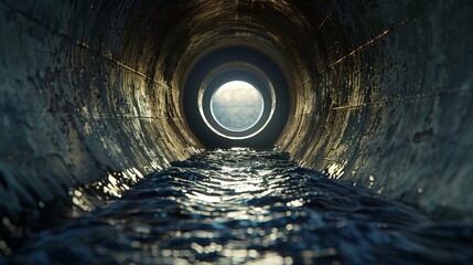 a  looking down a dark water filled concrete sewer pipe, lighting coming from the back - obrazy, fototapety, plakaty
