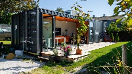 Stylish Container Office: Modern Workspace Crafted from Recycled Shipping Container - obrazy, fototapety, plakaty