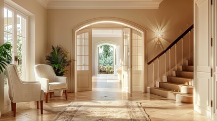 A Light-Toned Hallway, Accented with a Chair and Palm, Ushers into the Welcoming Space of the Entrance Hall