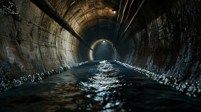 a  looking down a dark water filled concrete sewer pipe, lighting coming from the back