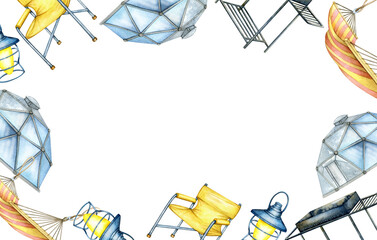 Glamping resorts with bubble, wooden and glass houses, comfortable holidays, hiking, camping with friends. Watercolor illustration frame, border, banner. Human tourists in a luxury glamorous premium