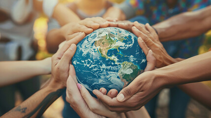 close up group of children holding hands and forming a circle around a globe,earth Day or enviroment protection help save the world.
