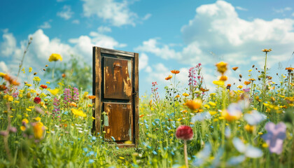 In the midst of a picturesque field blanketed with a kaleidoscope of flowers, a solitary door stands, exuding an aura of mystery and charm.