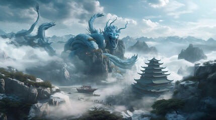 As it soars over a mountain, an ancient dragon flies by. Concept art of a Chinese dragon. - obrazy, fototapety, plakaty