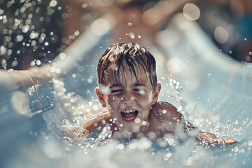 Child's Joyful Water Slide Adventure. Excited child riding down a water slide, surrounded by splashing water droplets.