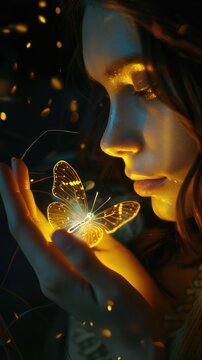 A woman gently cradles a butterfly on her hand, their moment surrounded by a mystical aura of sparkling lights and a soft glow that enhances the magical atmosphere. The glistening bokeh and the warm, 