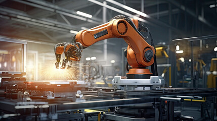Showcasing the pinnacle of automation, this vibrant image captures an industrial robotic arm in full swing, executing precision welding with sparks flying. Progress in the smart factory landscape - obrazy, fototapety, plakaty