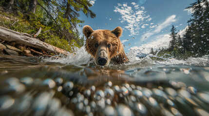 Grizzly bear catching salmon in a river.