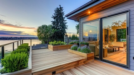A Chic Master Deck Featuring Custom-Built Cedar Bench and Planter Boxes with Breathtaking Lake Views