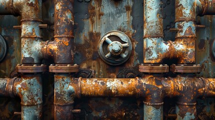 a horizontal view of a system of rusty leaky old pipes