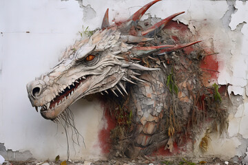 Sculpture and painting street art of drogon full of colorful colors and covered with leaves and grass. on the old wall. Mythical creatures  Ancient animals. Wildlife Animals. Generative AI.