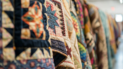A vibrant selection of handmade quilts artistically displayed, showcasing the variety of patterns and craftsmanship