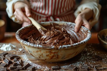 A photo of an adult woman's hands mixing chocolate cake frosting in a large bowl with a wooden spoon