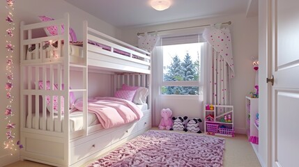 A Charming Girl's Bedroom Featuring a White Bunk Bed, Pink Bedding, Toys, and a Soft Carpet Floor