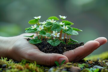 A hand-holding small garden in the dirt with green plants and white flowers - Powered by Adobe