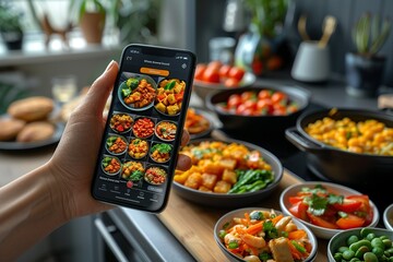 A person holding a Smart Phone with the app open, displays various food delivery options on the screen. - obrazy, fototapety, plakaty
