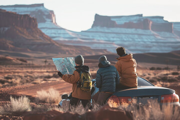 Group of friends planning a route in a desert landscape