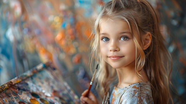 An artist using an easel in a studio, a genuine young girl painting with a palette of watercolors and a brush in the morning sunlight, creating handmade crafts indoors near a window.
