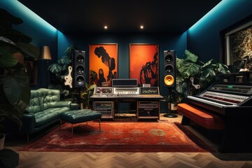 A recording studio with a cozy lounge area concept  for relaxing between sessions, AI generated