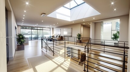 A Second Floor Landing Shines with a Skylight Above, Encircled by Chic Metal Railings for a Modern Look