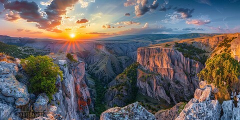 Stunning summer scenery of a vibrant canyon at sunset, perfect for nature lovers and travelers in a beautiful valley in Turkey. - obrazy, fototapety, plakaty