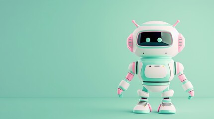 
Charming 3D illustration of a cheerful robot character with pastel pink and teal accents, posed against a calming solid pastel green background, ideal for futuristic-themed designs.