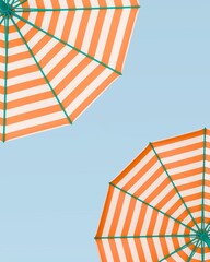 The concept of summer vacation. Bottom view of two beach umbrella isolated on sky background. 3d illustration, rendering. Background for summer postcard, flyer, poster. Copy space © Ramil Gibadullin