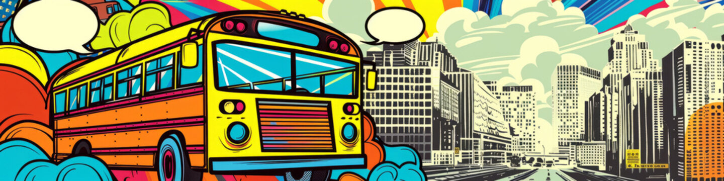 A vibrant Pop Art illustration featuring a school bus character on a bustling city street. Banner. Copy space.